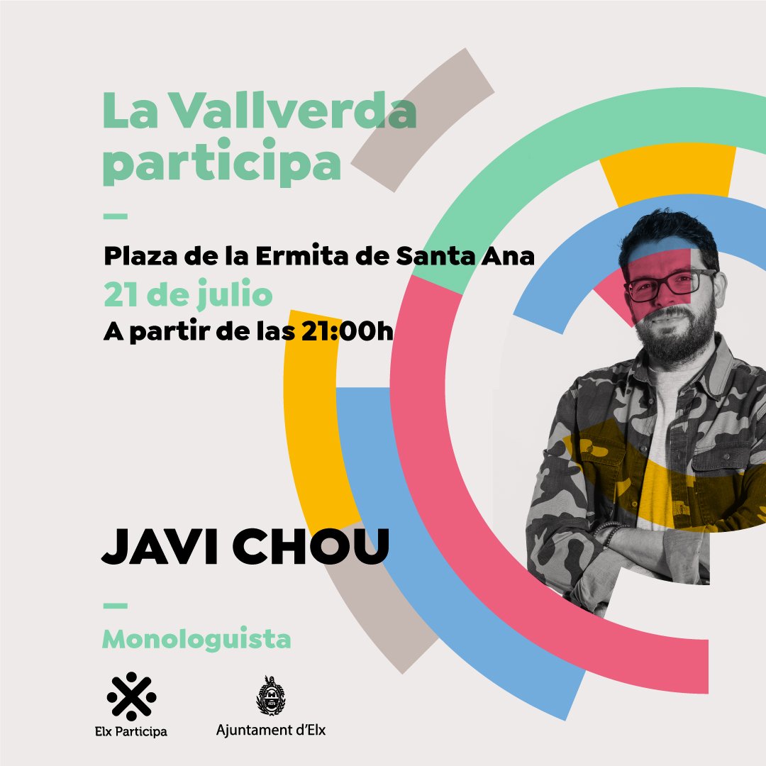 ElxParticipa's tweet photo. ¡Hoy despedimos la Segunda Edición de #ElxParticipa 2019!

Hazlo con nosotros: no te pierdas esta noche, a partir de las 21 horas en La Vallverda, 
al cómico y actor Javi Chou i el DJ de Radio 3 Miguel Caamaño 🔁

Sigue el evento en: https://t.co/gQ8jvWC4pR https://t.co/Rj4MvCMz9d