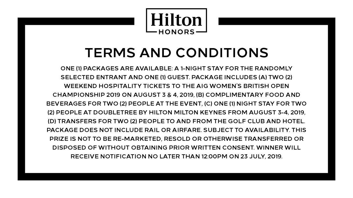 To celebrate Hilton becoming a Patron of the AIGWBO, <a href="/HiltonHonors/">Hilton Honors</a> are giving one lucky winner the chance to win 2 x Weekend Hospitality Tickets on 3rd and 4th August <a href="/WoburnGC/">Woburn Golf Club</a>! To be in with a chance of winning, like and share this post to your page.Entries close Monday 22 July