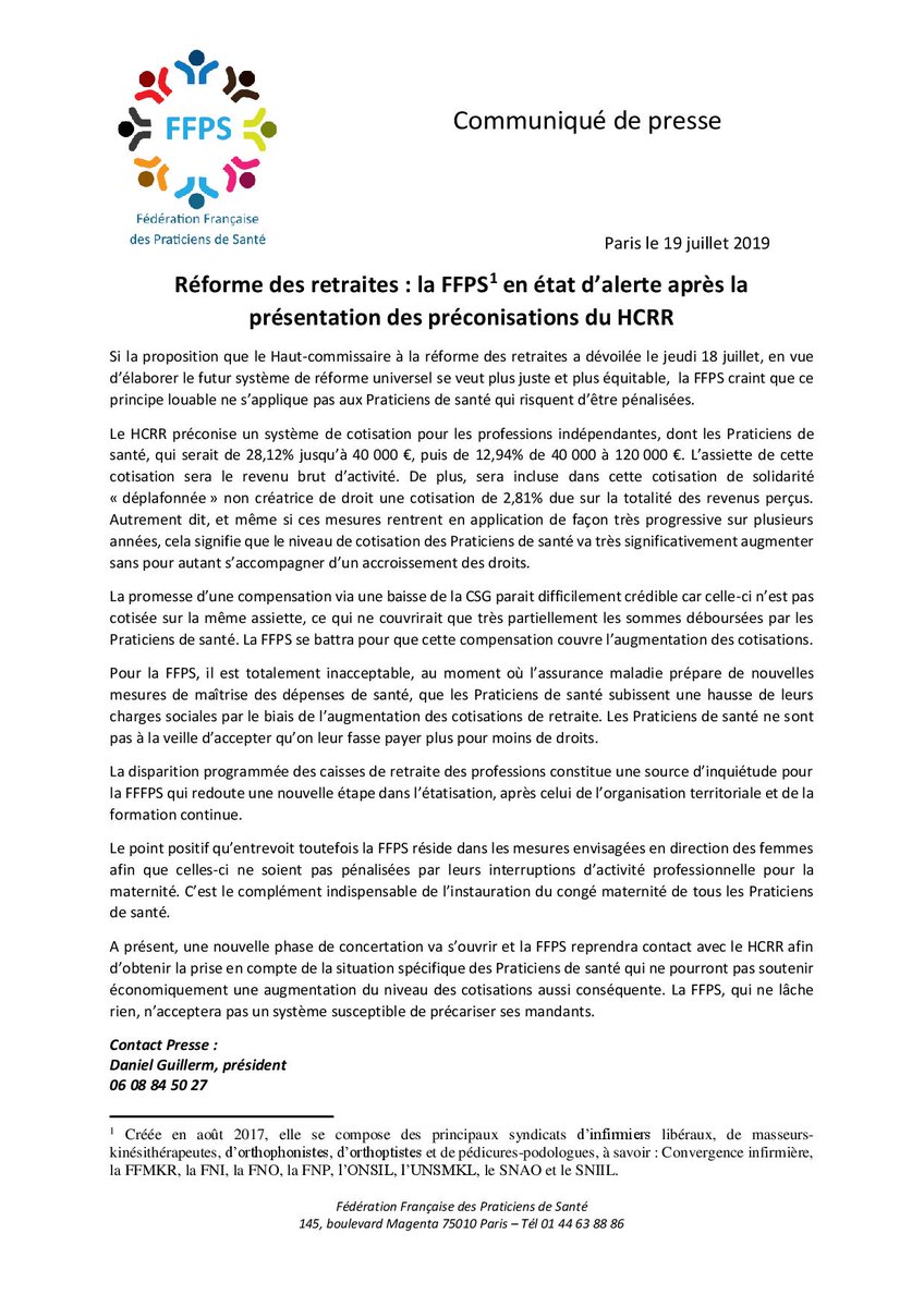 LaurentMilstayn's tweet photo. Communiqué de presse la Fédération Française des Praticiens de Santé (FFPS) qui s'émeut des préconisations du HCRR sur la réforme des retraites des professionnels de santé libéraux

@delevoye @MinSoliSante @Matignon https://t.co/EqEfQbmevY
