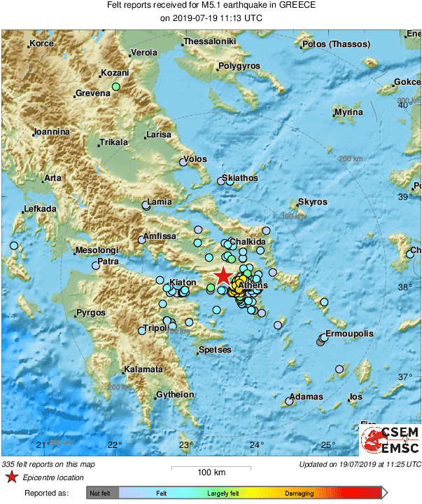 LastQuake's tweet photo. M5.1 #earthquake (#σεισμός) strikes 23 km NW of #Athens (#Greece) 12 min ago. Updated map of its effects: https://t.co/0QNwOcfgdx
