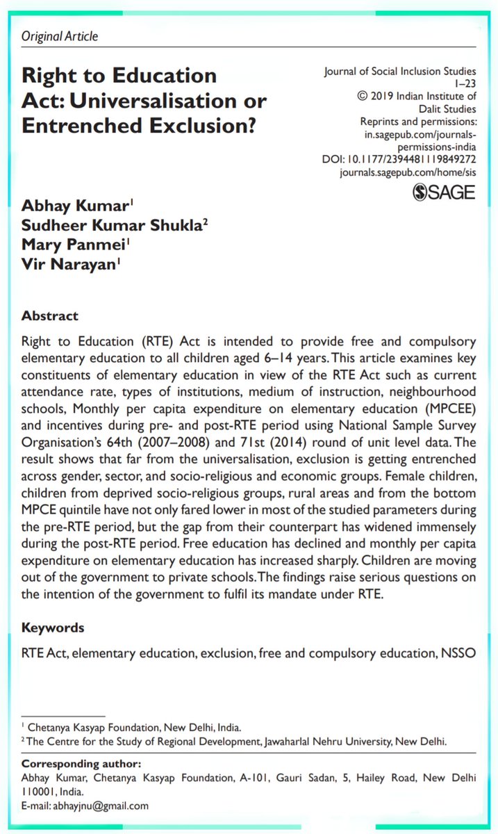 SudheerPhDJNU's tweet photo. #Published!! 🚩
#RightToEducationAct: #Universalisation or Entrenched #Exclusion?
#RTEAct, #elementaryeducation, exclusion, #free and #compulsory #education, #NSSO #MPCE @Minister_Edu @HRDMinistry
#ArticleLink: https://t.co/KVFbi43P0A https://t.co/Ncntz1OzC5