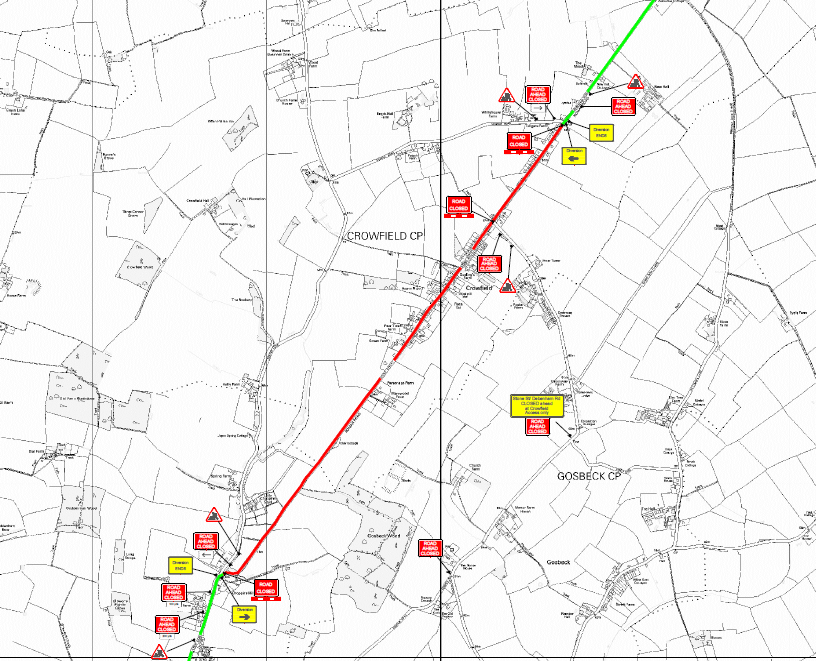 Suff_highways's tweet photo. Debenham Road & Stone Street #Crowfield (as shown below) will be closed on 23 July between 9am and 3pm, for road repairs. Please follow the diversion #SuffolkRepairs https://t.co/6vLvqwyr6n