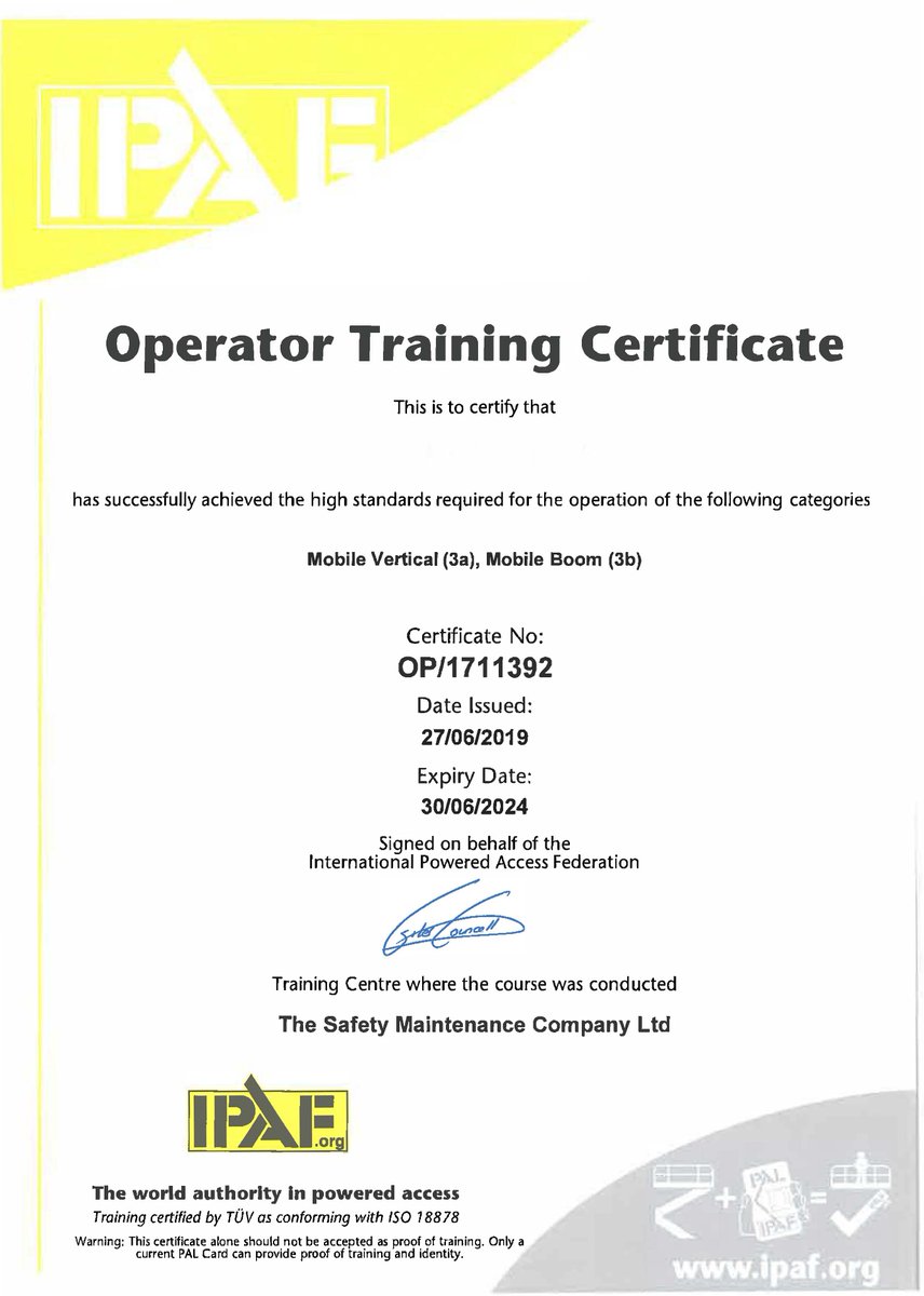 We have received this certificate today, Our engineer attended an IPAF course 3 weeks ago! 👷‍♂️👌