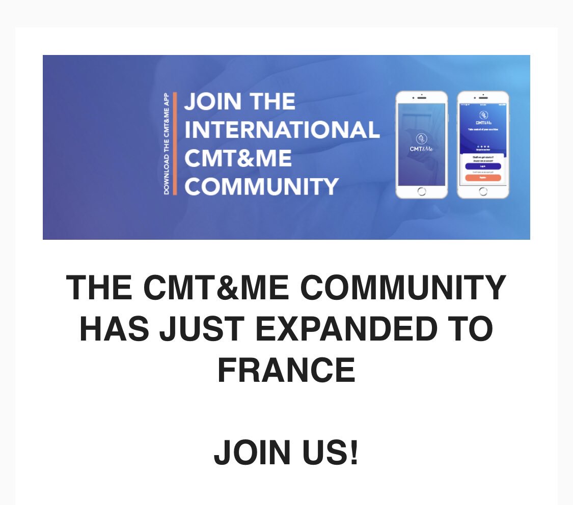 CMTNeuropathy's tweet photo. The #CMTandMeApp community just expanded to #France!! 👏 🇫🇷 #CMTawareness #Realworlddata #CharcotMarieTooth #Pharnext #Vitaccess #CMTapp #CMTneuropathy @CMTandMeApp @vitaccess @Pharnext https://t.co/Bsp6PoaKUg