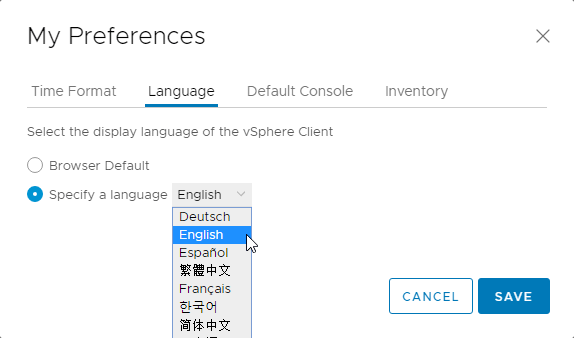 VFrontDe's tweet photo. #VMware #vCenter #h5client #ProTip #vExpert Just discovered this myself: Since 6.7 U2 you can set the language (and other settings) in the HTML5 Web Client from the "username" -> "My Preferences" menu at the top right! https://t.co/ho8VFKb6zS