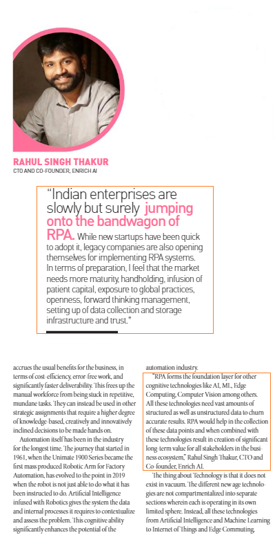 EnrichAI's tweet photo. #RPA falls under the bracket of #automation &amp; #AI. Instead of investing hours to complete any manual repetitive tasks, one can leverage RPA to focus on strategic work that requires human intervention. Read(Pg22) to know what our CTO-@rahulthakur319  says
https://t.co/XNzMqrVysf https://t.co/z8DtVYE0Vi
