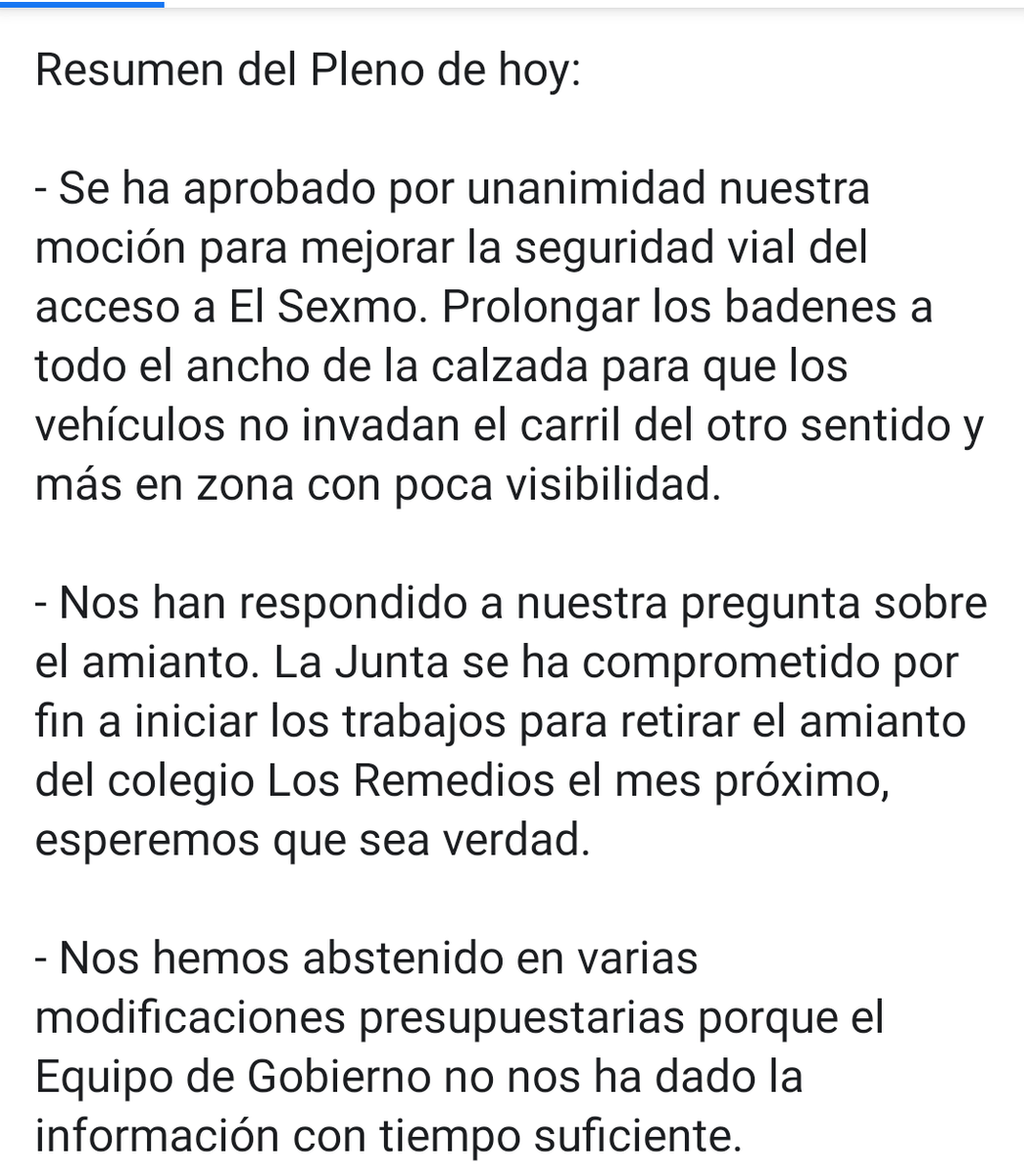 AdelanteCartama's tweet photo. Hoy se ha aprobado nuestra moción para reducir la peligrosidad del #acceso a El Sexmo y nos han respondido que por fin se retirará el #amianto del #colegio Los Remedios en agosto, esperemos que sea verdad. #Cártama #Pleno

+ Info 👇👇 https://t.co/NlHq1zvHh0