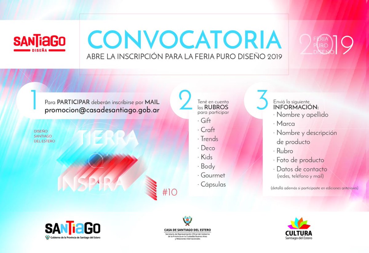 casadesantiago's tweet photo. ¡Abrió la convocatoria para Puro Diseño 2019! 

Este año participan los rubros: Gifts, Crafts, Trends, Deco, Kids, Body, Gourmet y Cápsula.

Para participar deberán enviar un mail a promoción@casadesantiago.gob.ar con los datos que figuran en la foto 👇🏼👇🏼 https://t.co/PpK2n62AOq