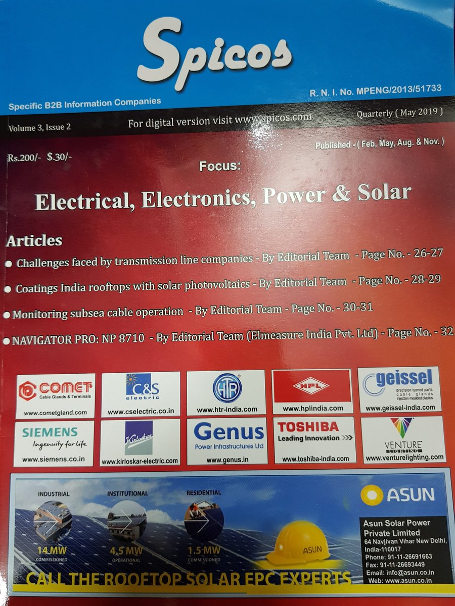 Spicos has released May 2019 edition of Spicos Quartely Magazine Focusing on Electrical, Electronics, Power &amp; Solar Industry Containing Articles, Industry News, Product News, Trade Fair information and classified listing. For digital version visit: spicos.com