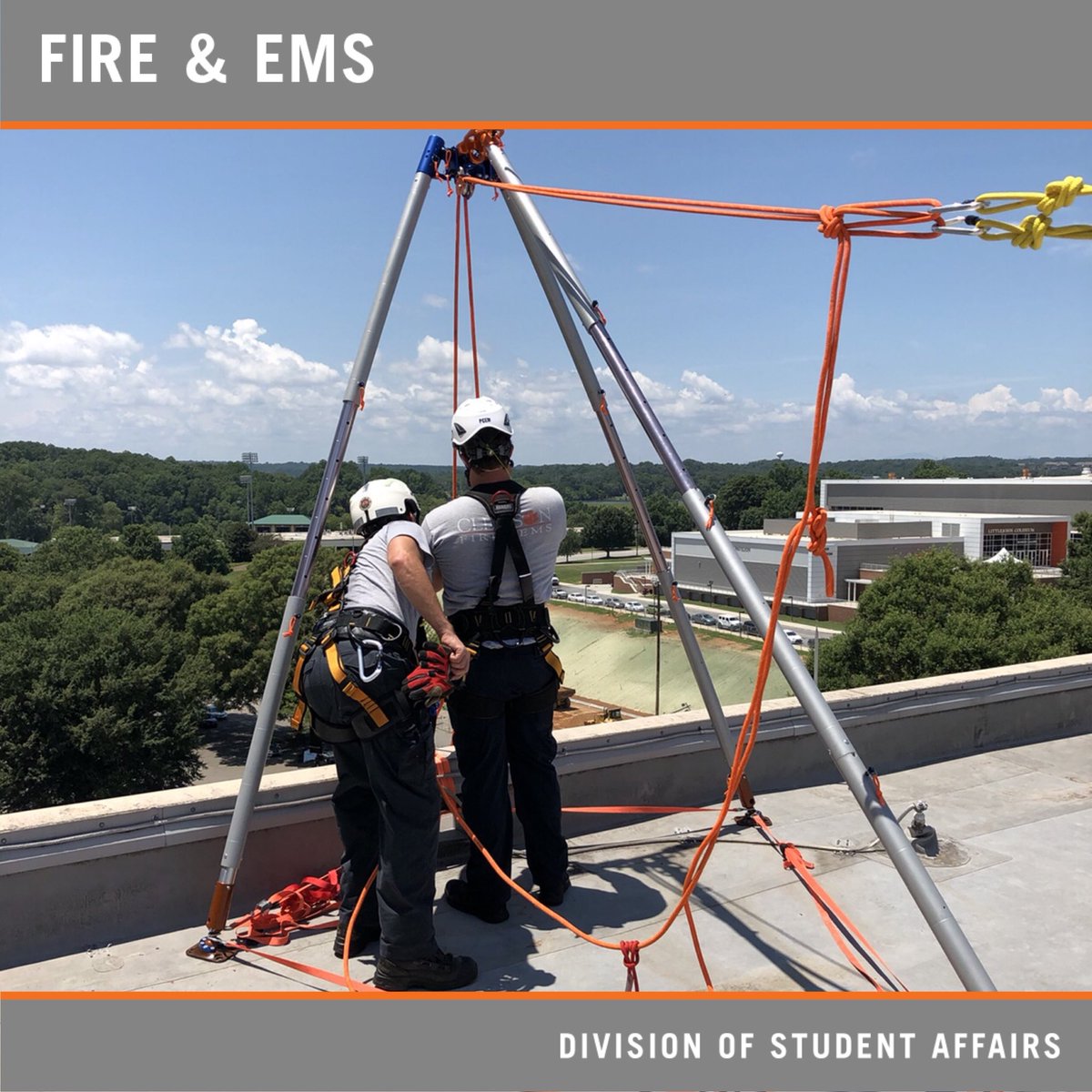 ClemsonFD's tweet image. With football season right around the corner we made a short trip over to Memorial Stadium for some hands-on High Angle Rescue training. Thank you to @cmcpro_official for providing the training! #ExperienceSafety #NeverStopTraining