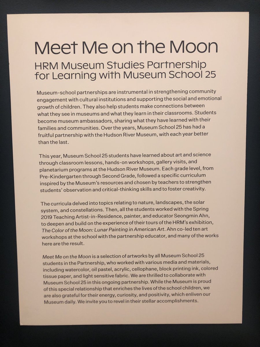 masha_tee's tweet photo. Meet Me On The Moon: As part of @HudsonRivMuseum’s celebration of #Apollo11 #Apollo50, these beautiful artworks made by PreK-2nd grade artists during our year-long partnership with @YonkersSchools @ms25yps are now on view in our Joyce Greene Education Center. #HRMKids #HRMMoon https://t.co/bsXWio6eka