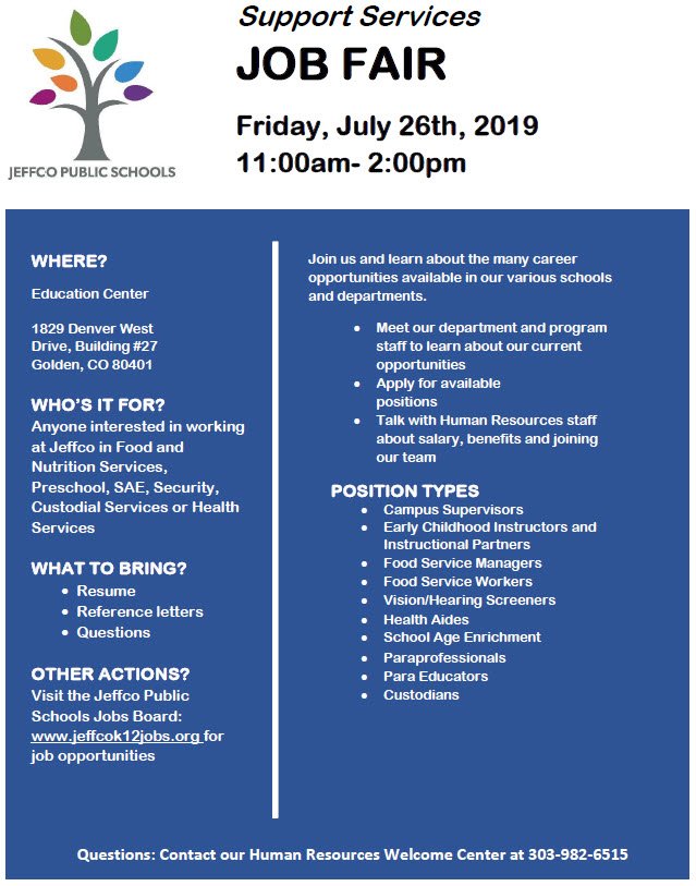 Don’t miss this opportunity!  <a href="/JeffcoSchoolsCo/">Jeffco Public Schools</a> is hosting a Support Services Job Fair on Friday, July 26th, 11:00 am – 2:00 pm at the Jeffco Ed Center.  Details below.  #TeamJeffco <a href="/JeffcoK12Jobs/">Jeffco Public Schools Jobs</a> <a href="/JeffcoSchoolsHR/">Jeffco Public Schools Human Resources</a>