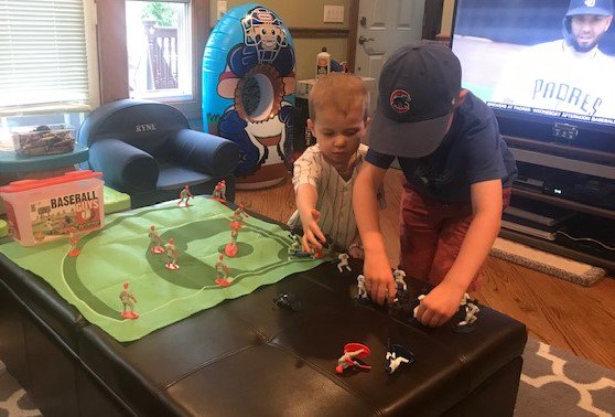 KaskeyKids's tweet photo. One absolutely adorable sports fan who has been busy with Soccer Girls teaching his sister the rules during the #World Cup &amp; just as busywith Baseball Guys - introducing a friend to one of his favorite toys!  This is what we love to see @zwilliams23 Thank you for sharing! https://t.co/04aEOCSiEi