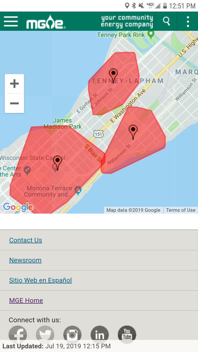 thecakelin's tweet photo. #MadisonWI had an explosion at a powerstation right next to my office. Another fire on campus. Heat index 100+
Map is who doesn't have power, my apt is slightly outside a red area, maybe I have power now?
Me & Frank are hiding at my sisters in her AC. @Adonna55
#MadisonFire https://t.co/jzVXEOUYkV