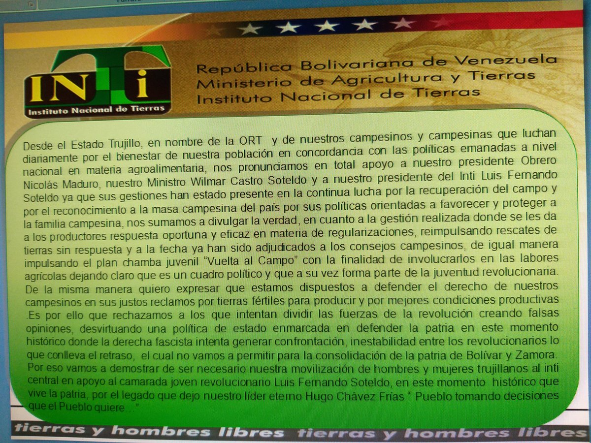 SogelSallam's tweet photo. Desde #OrtTrujillo los campesin@s damos apoyo contundente a nuestro camarada @LuisSoteldoPSUV  nuestro ministro @wcastroPSUV y al presidente @NicolasMaduro en su política orientadas al campo a favor del desarrollo agrícola y la soberanía alimentaria #LealesSiempreTraidoresNunca https://t.co/1k01KHwJTF