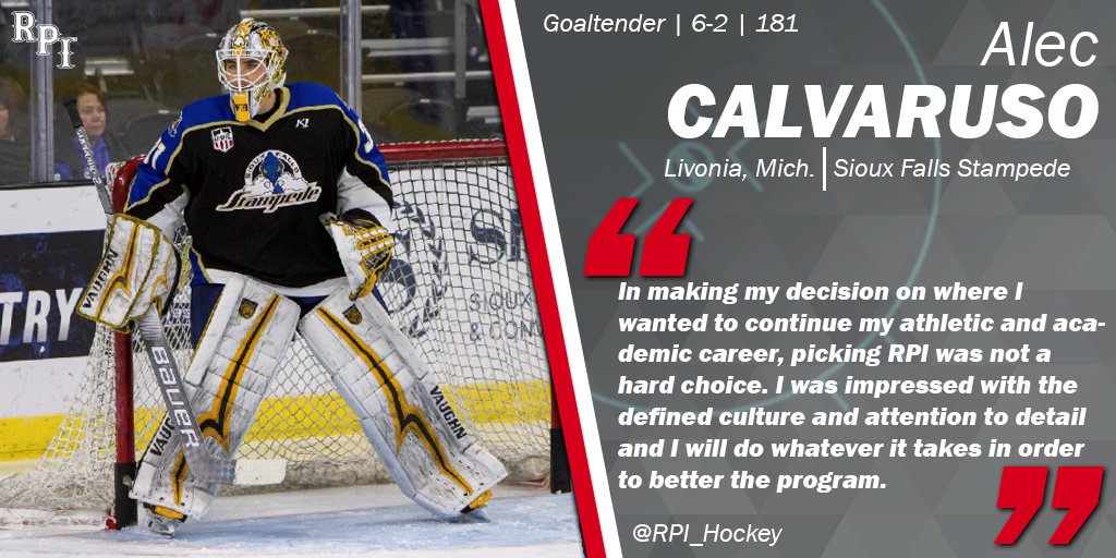 RPI_Hockey's tweet photo. Welcome to @rpi, Alec Calvaruso!
A goaltender from Livonia, Michigan, he went 19-6-2-1 with a 2.63 goals against average and an .890 save percentage for the @sfstampede last season.
#RPIHockey #RPI23 https://t.co/QaPnPPgSlN