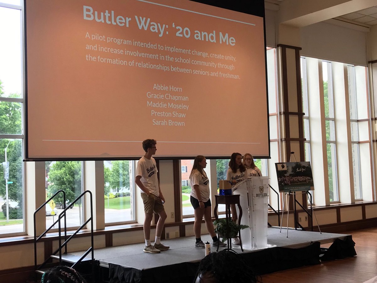 EthanKuhn8's tweet photo. Seniors Sarah Brown (not pictured), Gracie Chapman, Abbie Horn, Maddie Moseley, and Preston Shaw presenting their school proposal "20 and Me" at the Butler Way Camp 2019. Go Chargers! #butlerwaycamp #bethehero @Gutheducation @ButlerEPPSP @NMCSCTrueNorth https://t.co/QCtjFAzYKB