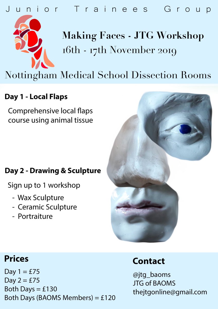 jtg_baoms's tweet image. Save the date 16-17th November 2019

A new JTG workshop covering local flaps, sculpting and portraiture! A great opportunity to learn new skills and reignite your creative flair.

thejtgonline@gmail.com if we’ve peaked your interest

@BAOMSOfficial @BAOMS_Chair @UKSWiMS