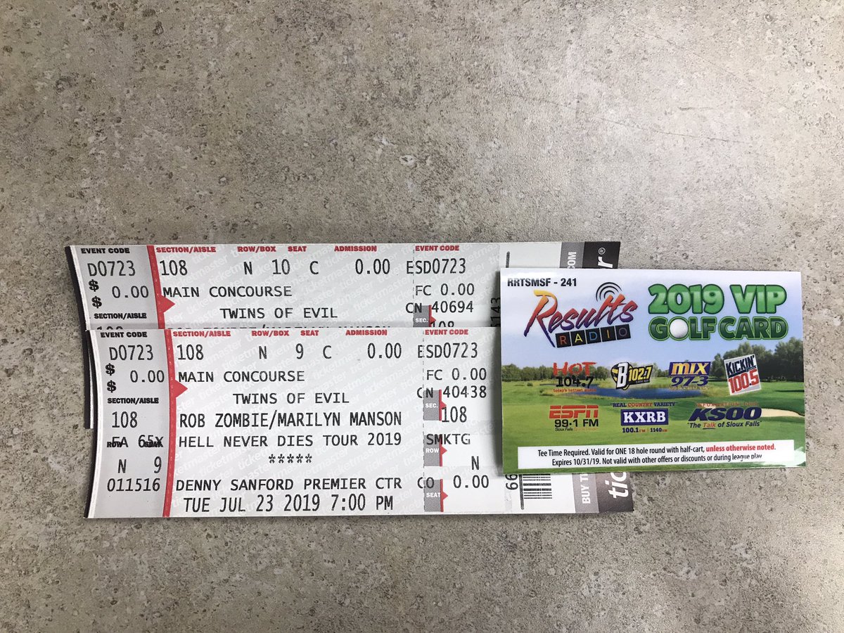 ESPNSiouxFalls's tweet image. Time to Rock Out with your Clubs out! 

2 tickets to Rob Zombie/Marilyn Manson at the PREMIER Center and 1 Results Radio VIP Golf card up for grabs! 

Simply RT this to enter. Must be following to win. Winner will be drawn Monday, July 22.