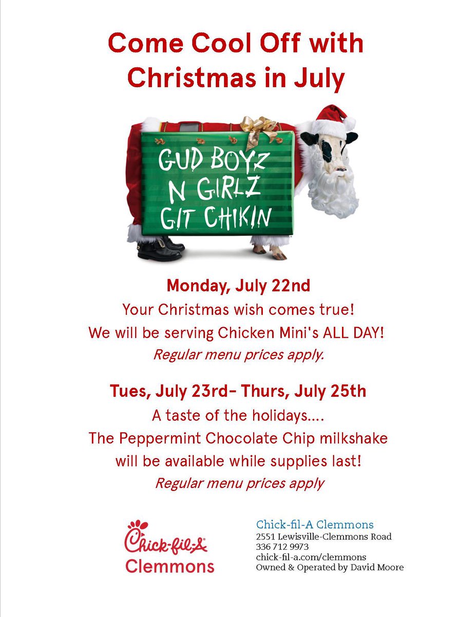 cfaclemmons's tweet photo. It’s almost time! Christmas in July starts Monday and we are so excited! #cooloffwithchristmasinjuly https://t.co/EDv30F0qeL