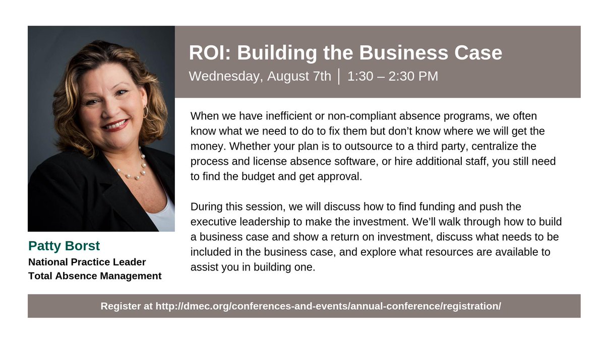 tpgrp's tweet image. Are you attending the @DMECAbsenceMgt Annual Conference next month? Here's a session with our Total Absence Management National Practice Leader Patty Borst you won't want to miss! Get an event reminder here: bit.ly/2YZirYN

#DMEC2019 #DMEC