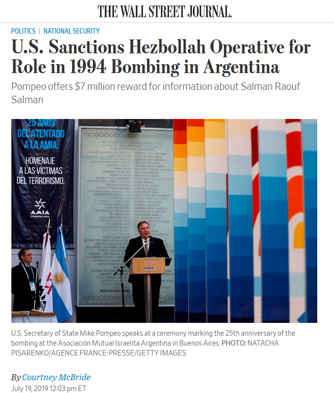 ablrchi's tweet photo. .@WSJ: U.S. Sanctions Hezbollah Operative for Role in 1994 Bombing in Argentina. Pompeo offers $7 million reward for information about Salman Raouf Salman.
#Iran #AMIA25
https://t.co/EzgBpvgDOc https://t.co/mQd2424Y6Q