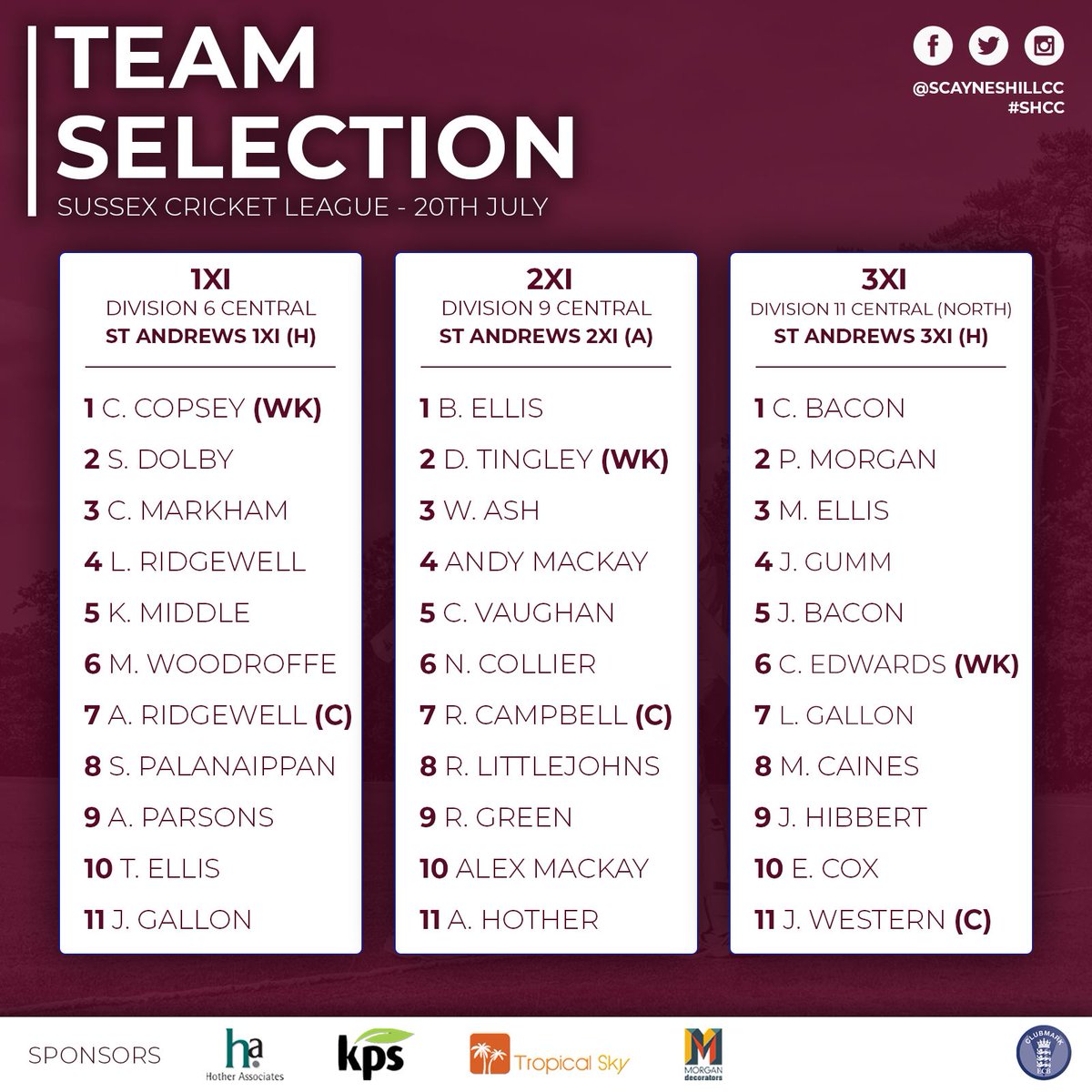 TEAM SELECTION | 20TH JULY #SHCC