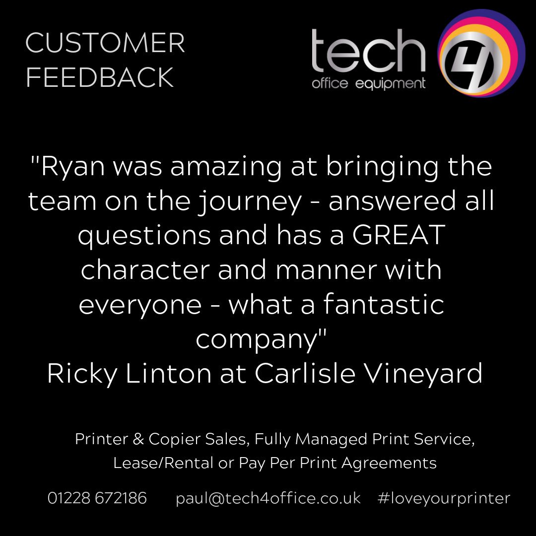 Tech4office's tweet photo. Fantastic Friday Feedback!!! Thanks to Ricky @welovecarlisle for completing our #customerservice survey and adding this comment to share. #fridayfeeling #printers #copiers #officeequipment #cumbria #northwest https://t.co/vOEDqDWhI2
