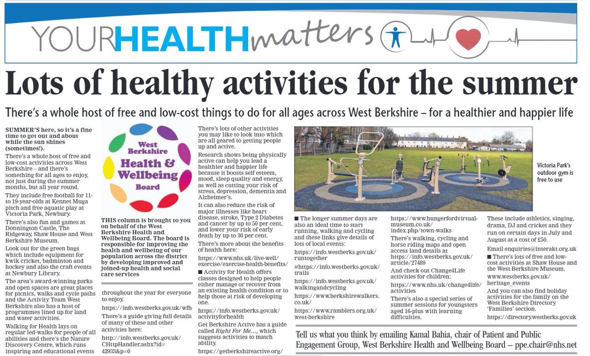 Lots of healthy activities for the summer.
Please read the July <a href="/NewburyToday/">.</a> article from the West Berkshire Health and Wellbeing Board.
