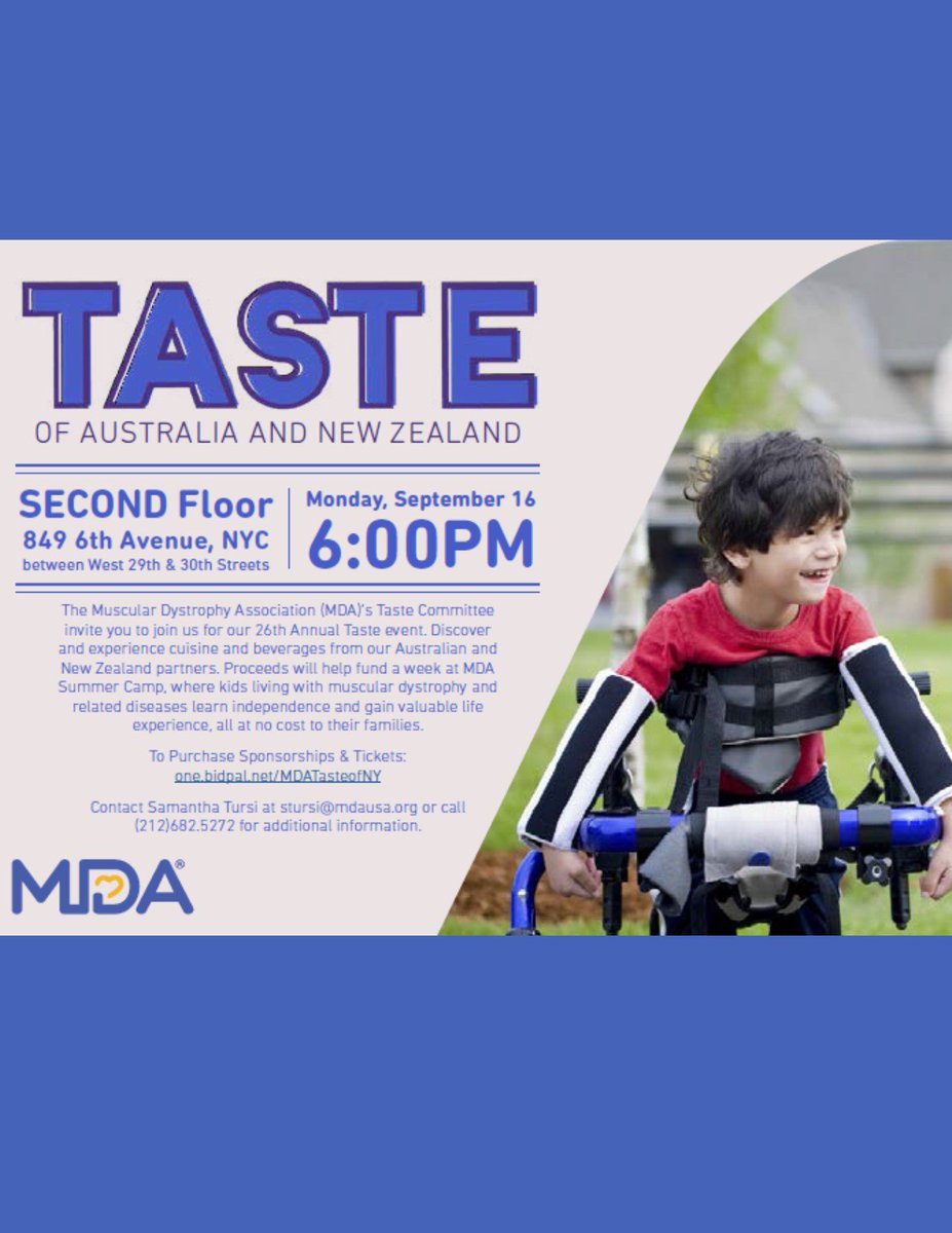 MDAMetroNY's tweet photo. Join us 9/16 for our 26th Annual Taste Event! Enjoy cuisine and beverages from our #Austrailian and #NewZealand partners to support #MDASummerCamp. Buy sponsorships/tickets @ https://t.co/BtPL3MSsrS to be there with 300+ guests from industries like finance, real estate and media. https://t.co/30YLQDoQmZ