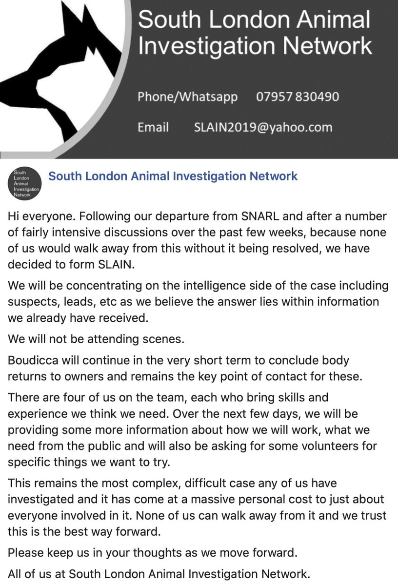ProtectCatsLDN's tweet photo. A new investigating group has just launched, SLAIN (South London Animal Investigation Network) say they will also be investigating the #UKCatKiller. This comes after Tony Jenkins vowed to continue the investigation following Boudicca Risings departure from SNARL #CroydonCatKiller https://t.co/XDT9dRliUJ