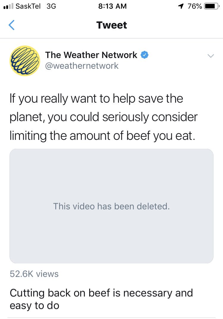 adrienneivey's tweet photo. Dear @weathernetwork,

I hope from the backlash on Twitter, as well as the simultaneous deletion of thousands of your apps, you are seeing the error of turning your back on science and customers.

If you need a chat about the reality of farming and beef production, drop me a DM. https://t.co/EXPrkuDtBg