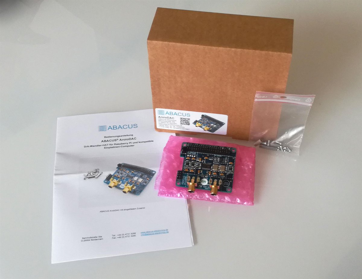 Max2Play's tweet photo. The AroioDAC HAT sound card from German electronics manufacturer and audio expert @ABACUS_elec now in the Max2Play Shop!

This brand new board includes presoldered IR receiver, external power management and German engineering innovation.
Full announcement: https://t.co/pCa9rYwaG7 https://t.co/p3px4HGo9T