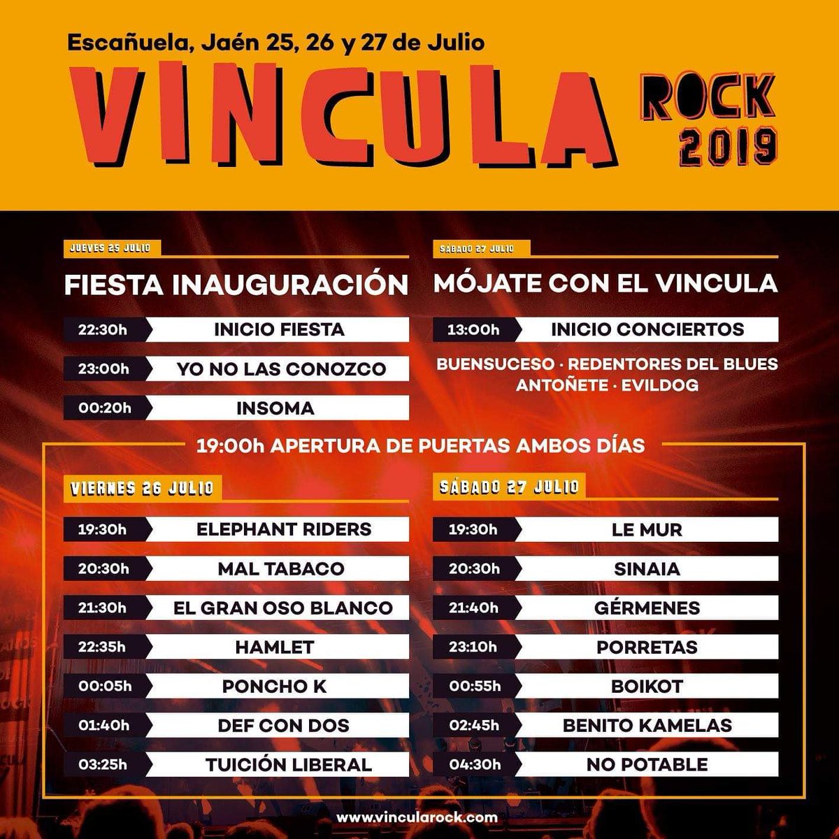 ¡Yo me pierdo este pedazo de festival por falta de medio de transporte, pero vosotros no podéis perdéroslo! <a href="/YoNoLasConozco/">Yo No Las Conozco</a> <a href="/INSOMAbanda/">INSOMA</a> <a href="/Maltabaco/">MALTABACO(Oficial)</a> <a href="/Hamletband/">Hamlet</a> <a href="/BOIKOTBAND/">BOIKOT</a> entre otros. ¡Vamos, Vinculeros! <a href="/VinculaRockFest/">Festival Víncula Rock</a> es la clave.