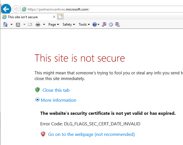 Why_SettlePaul's tweet photo. I only use Internet Explorer when I need to do something in the Microsoft Partner site, which never seems to work properly on non-MS browsers. Now this. In IE. It's like they've stopped trying.

Fortunately Chrome allowed me in. https://t.co/7oPWs6knRX