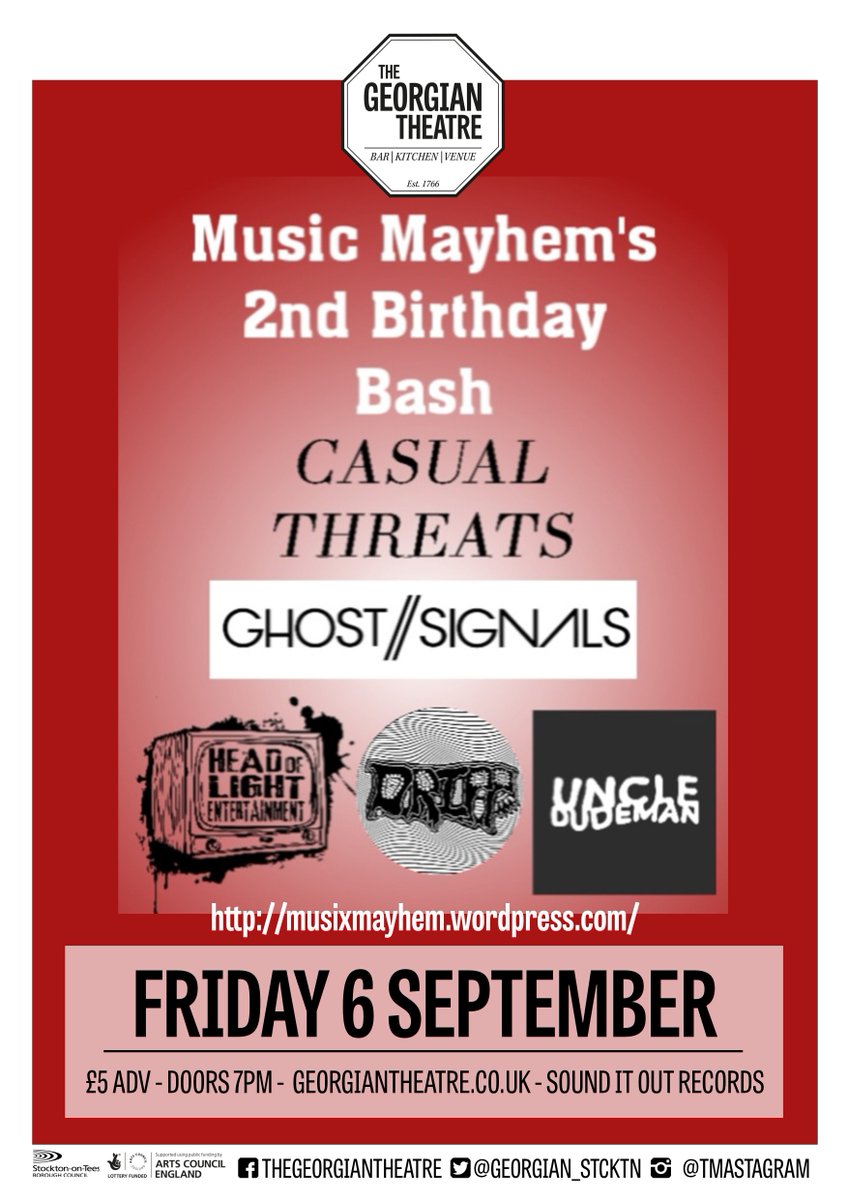 A celebratory night for local music blog, @musicmayhem_uk. 

Come down to The GT on 6th Sept for their 2nd birthday bash featuring @@CasualNcl <a href="/ghostsignalsx/">GHOST//SIGNALS</a>  @HeadofLight DRIPP and <a href="/uncledudeman/">Uncle Dudeman</a>.

Tickets £5 ADV: bit.ly/32AYPwy