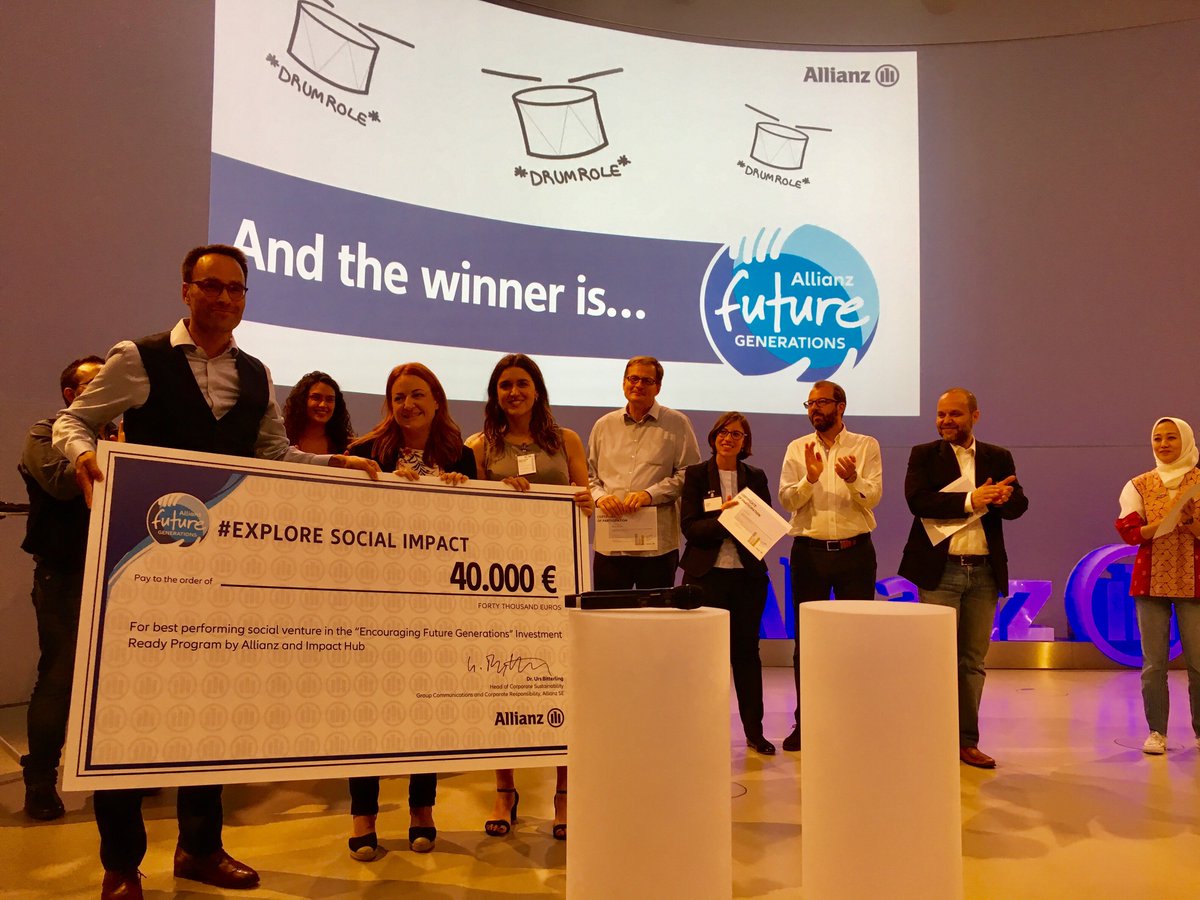 Allianz's tweet photo. And the winner of the €40,000 #Allianz Future Generations Award is... @WiseGreece Congrats! 🎉 We’re looking forward to seeing what you’ll achieve! In our eyes, all 8 social ventures at #ExploreSocialImpactDay are winners in their own right for their outstanding work 👏 #AFGA19 https://t.co/pL3vecYulD