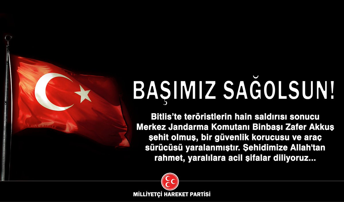 MHP_Bilgi's tweet photo. Bitlis’te teröristlerin hain saldırısı sonucu Merkez Jandarma Komutanı Binbaşı Zafer Akkuş şehit olmuş, bir güvenlik korucusu ve araç sürücüsü yaralanmıştır. Şehidimize Allah'tan rahmet, yaralılara acil şifalar diliyoruz... https://t.co/ZUyXLMhlSI