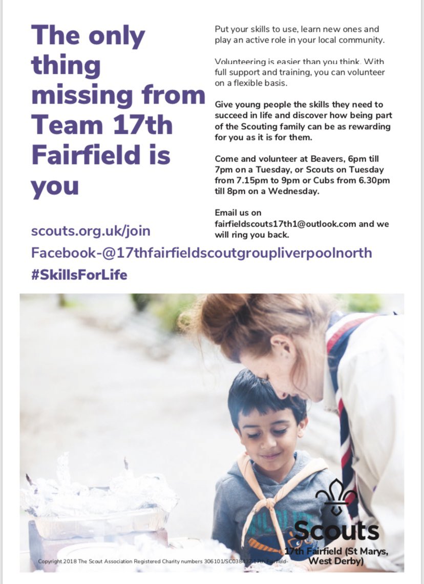 17thFairfield's tweet photo. 17th Fairfield Scout Group is now recruiting new leaders &amp; section assistants in West Derby Village.
If you can help in anyway please get in touch via the email address or message us on FB. @MerseysideScout https://t.co/uwKtKLAFzs