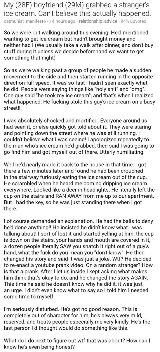 My (28F) boyfriend (29M) grabbed a stranger's ice cream. Can't believe this actually happened.