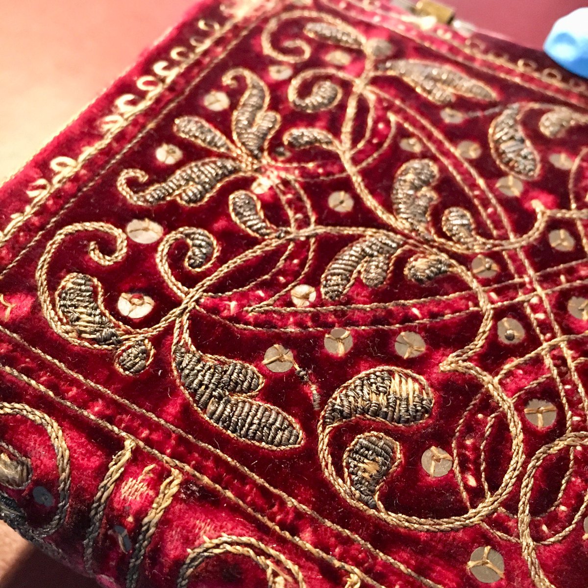 Today former <a href="/HeritageHubIRE/">The Heritage Council</a> Conservation intern <a href="/cduminuco/">Cécilia Duminuco</a> has been visiting <a href="/CBL_Dublin/">Chester Beatty</a> as a reader. She’s researching some of the embroidered bindings in our rare book collection. This ruby is a 16th century book of private prayers (CBL AF656) #CBLconservation