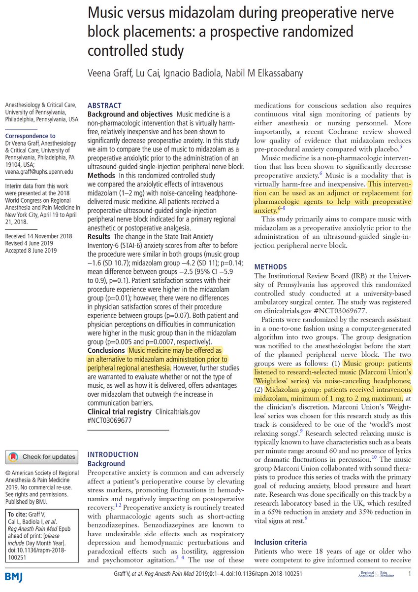 EricTopol's tweet photo. Music instead of intravenous sedation for surgery?
A randomized trial @PennMedicine 
https://t.co/jb2rx8cJtT
"Life seems to go on without effort when I am filled with music.” ― George Eliot https://t.co/hboZvIZfnq
