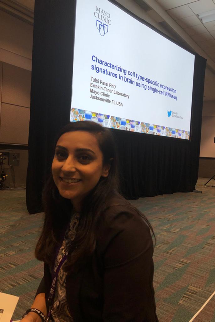 DrNErtekinTaner's tweet photo. Dr. Tulsi Patel @tulsi92 presenting on single cell gene expression, the next frontier for #PrecisionMedicine in #Alzheimers disease at #AAIC19 @alzassociation. #NETanerLab @MayoClinic https://t.co/BxM4fz1niB