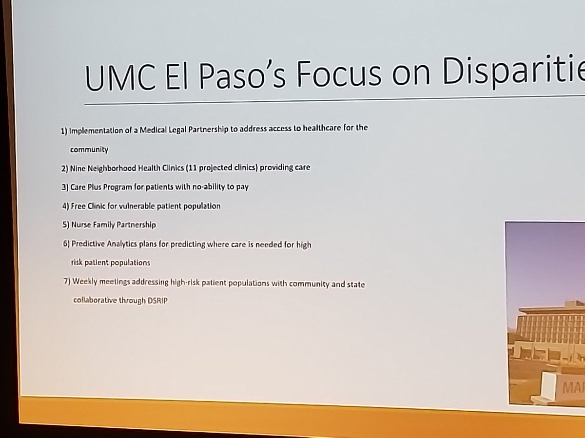 msirenechen's tweet photo. UMC El Paso has a medical legal partner that rounds with the providers that help with any legal situations at home and other SDOH. Having someone from Legal is a great idea to really help tackle the things clinicians can't while clinicians focus on patient care #SINI2019 https://t.co/Q17t2v0P7T
