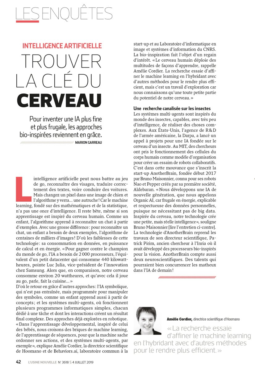Un nouvel article passionnant de <a href="/marion_garr/">Marion Garreau</a> pour <a href="/usinenouvelle/">L'Usine Nouvelle</a> avec un focus sur les approches bio-inspirées qui font avancer l'IA. Notre Directrice Scientifique <a href="/amcordier/">Amélie Cordier</a> y évoque notamment l'intérêt de l'apprentissage développemental