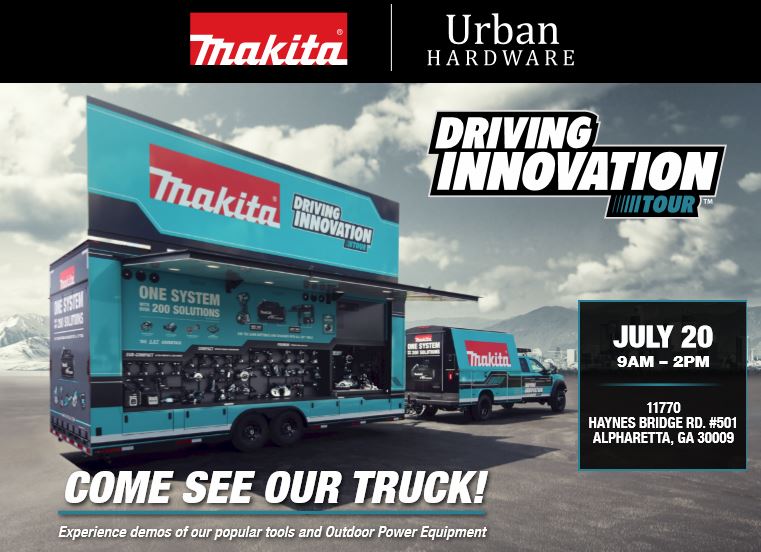 urbanhardwareGA's tweet photo. The Makita Truck Event is Today! Don't Miss It! #urbanhardware #makita #hotdeals #makitatruckevent2019 #shoplocal #shopalpharetta #downtownalpharettamerchants #drivinginnovationtour https://t.co/0aQfNv0qJK