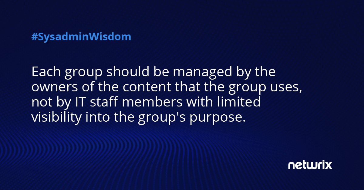 Netwrix's tweet photo. IT departments are often reluctant to give up #ActiveDirectory group management responsibilities, but they're really the last people who should have them. More insights in our AD Group Management Guide https://t.co/doaAgWUY4r 
#SysadminWisdom #SysadminDay https://t.co/1gEX2EzNP6