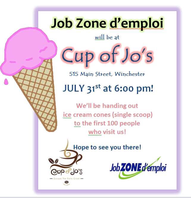 JobZonedemploi's tweet photo. Job Zone d'emploi will be at the "Meet Me on Main Street" event being held in Winchester on July 31st. Come see us at Cup of Jo's to get your cone! #meetmeonmainst #cupofjos #winchester #meetandgreet https://t.co/RAJNhA6SP9