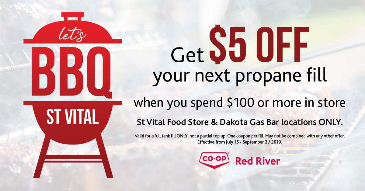 RedRiverCoopLtd's tweet photo. Hey St Vital! We have a great promotion just for you this summer to celebrate our Dakota gas bar now offering propane filling services!
Spend $100 in our food store and get $5 off your propane fill at our Dakota gas bar!
#mycoop #lovelocal #letsBBQ https://t.co/owWqK5rkK3