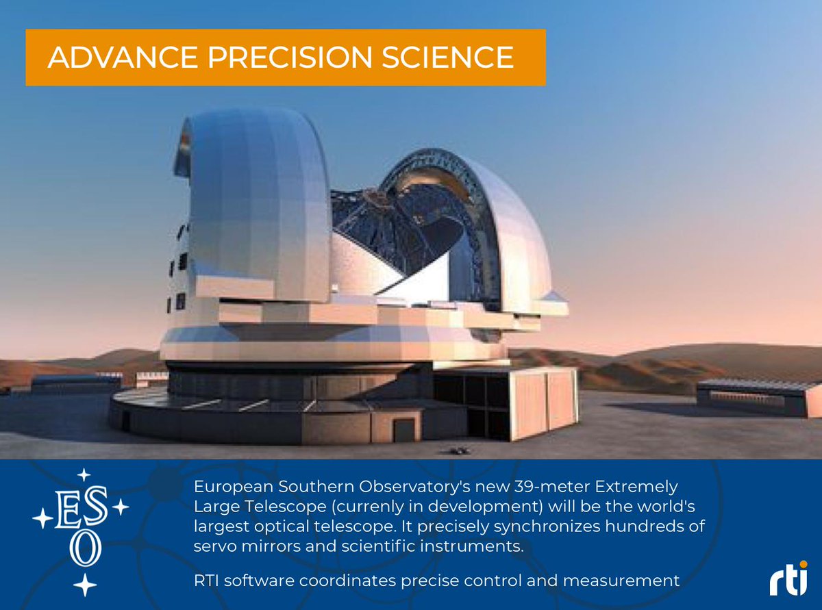 rti_software's tweet image. Happy Friday! Did you know that #RTIConnext DDS is helping to create the largest telescope in the world a reality? The Extremely Large Telescope (ELT) will allow for detailed studies of subjects including planets around other stars &amp;amp; supermassive black holes #ThisIsRTI #ThisIsDDS